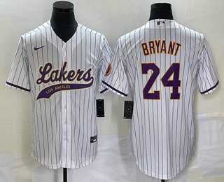 Mens Los Angeles Lakers #24 Kobe Bryant White Pinstripe With Patch Cool Base Stitched Baseball Jersey1